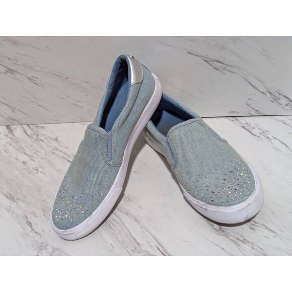 Nine West Women's Blue Denim Slip-On Sparkle Embellished Toe Sneakers Size 8 - Picture 1 of 10